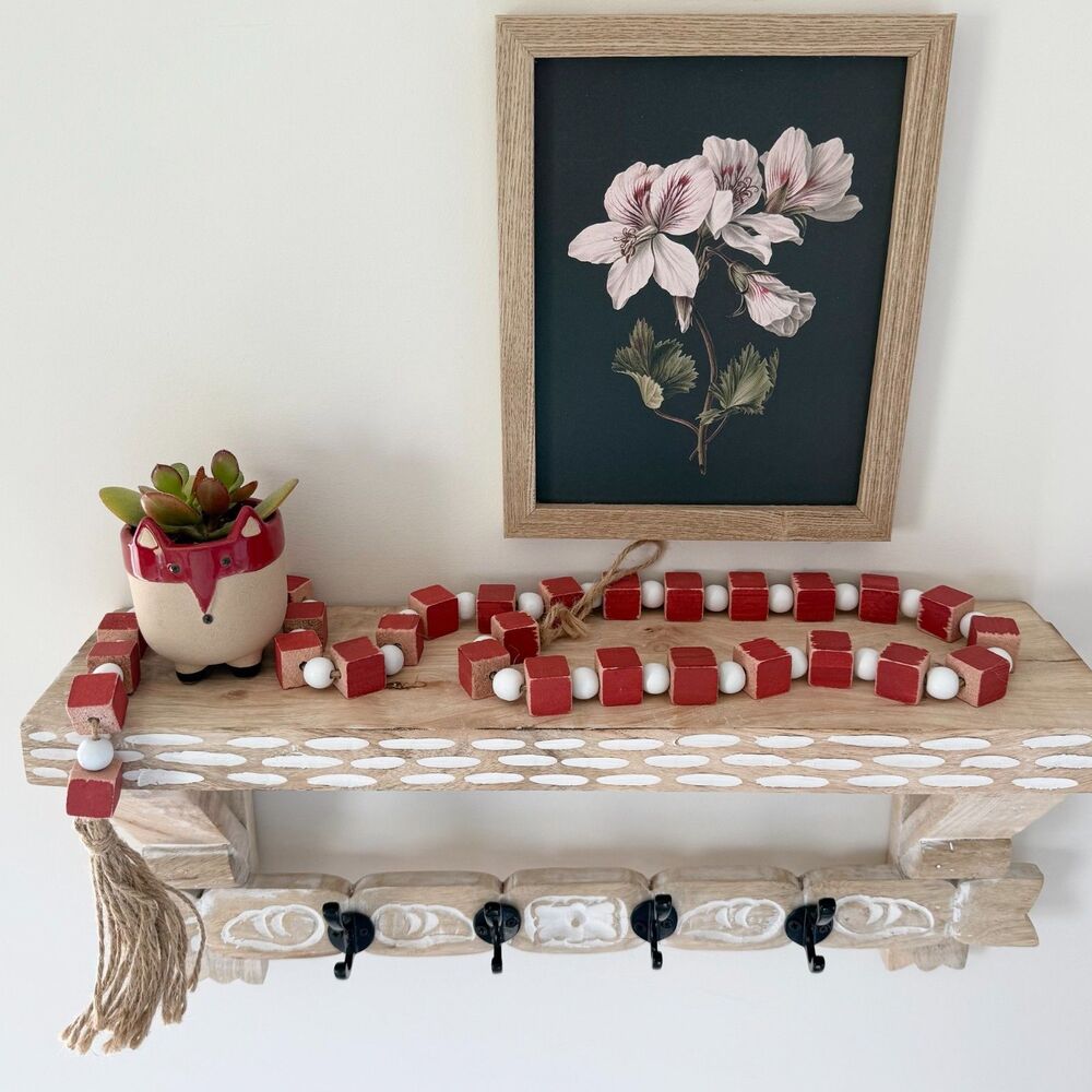 Wooden Red Square Bead Garland with Tassel Natural Farmhouse Boho Decor